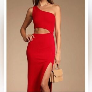 Lulu's Red one shoulder croptop Maxi dress with Side Slit